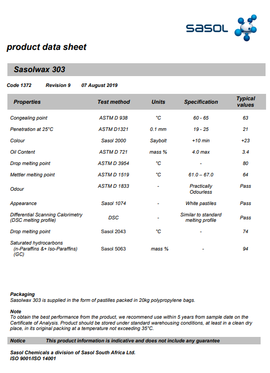 Sasol Wax data sheet