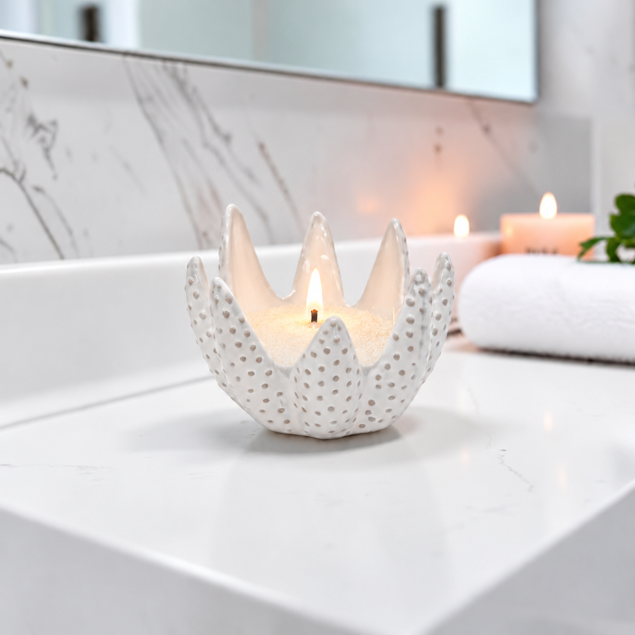 Crown Candle in a Serene Spa Bathroom